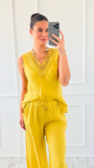 Shoreline Lace V- Neck Sleeveless Italian Linen Top