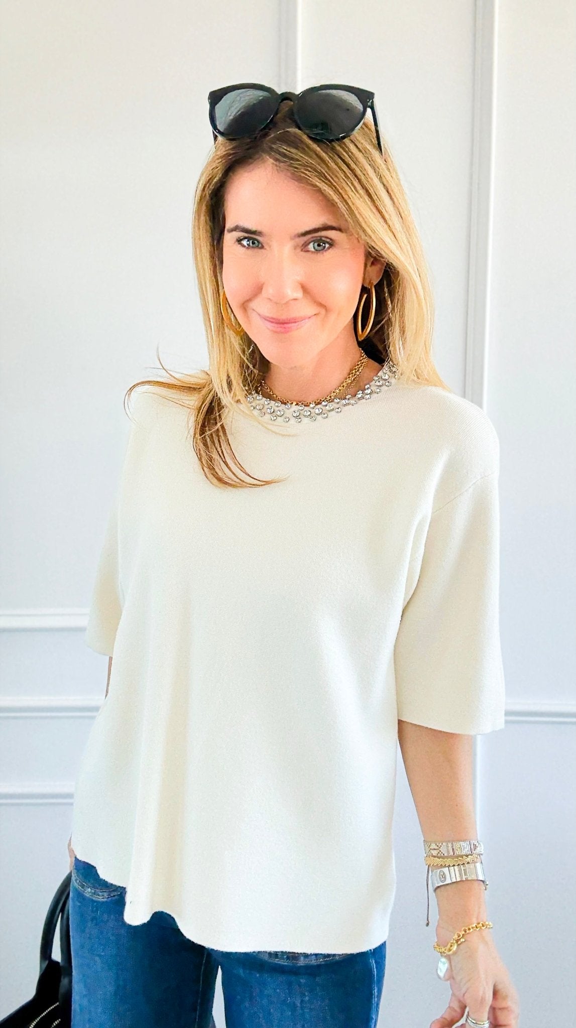 Short Sleeve Diamond Sweater-140 Sweaters-Z STUDIO-Coastal Bloom Boutique, find the trendiest versions of the popular styles and looks Located in Indialantic, FL
