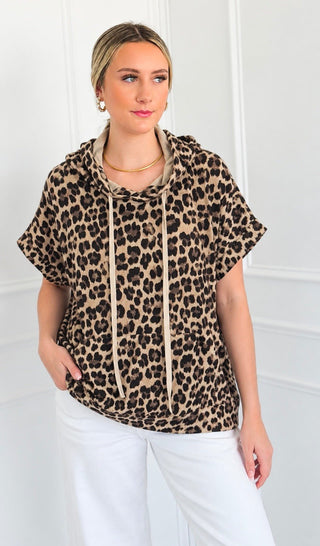 Short Sleeve Leopard French Terry Hoodie