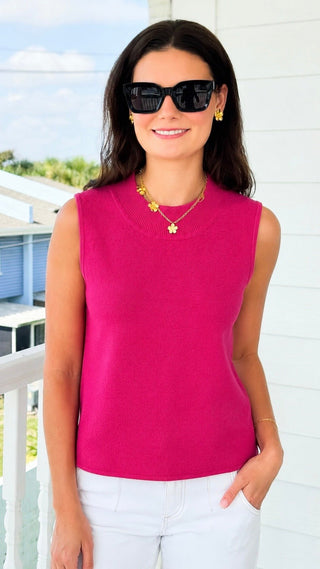 Sleeveless Mock Neck Ribbed Knit Top - Hot Pink