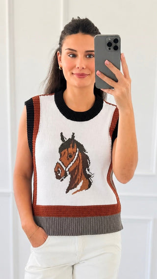 Sleeveless Western Horse Knit Sweater Tank