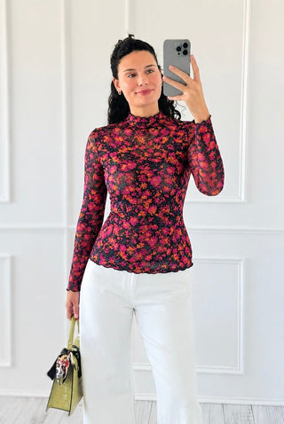 Slim Fit Floral Print Mesh Top
