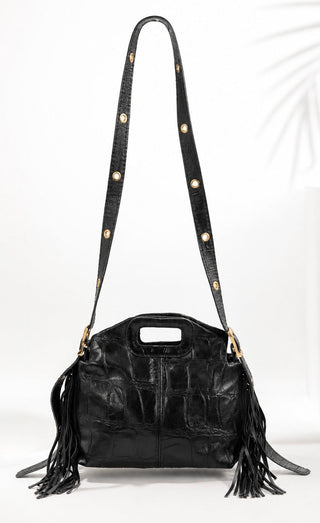 Small Croc Embossed Italian Leather Fringe Bag- Black