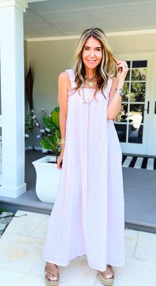 Smocked Strap Sleeveless Linen Italian Dress- Light Pink