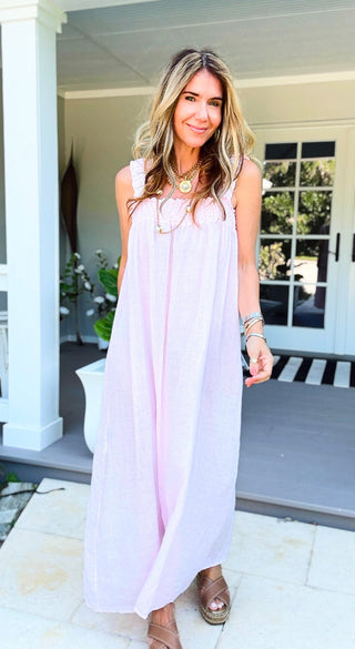 Smocked Strap Sleeveless Linen Italian Dress- Light Pink