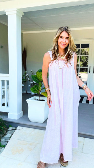 Smocked Strap Sleeveless Linen Italian Dress- Light Pink