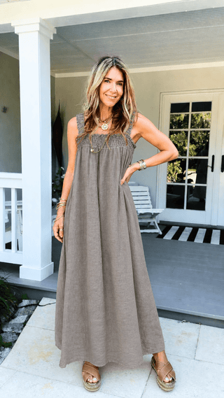 Smocked Strap Sleeveless Linen Italian Dress- Taupe