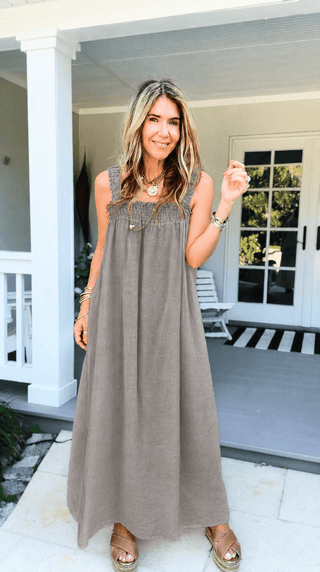Smocked Strap Sleeveless Linen Italian Dress- Taupe