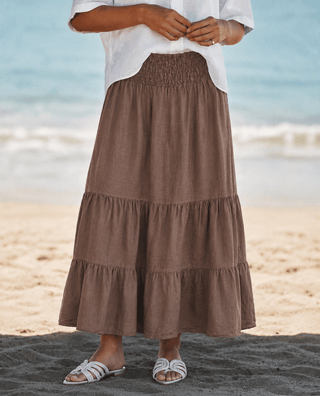 Smocked Waist Tiered Italian Linen Maxi Skirt- Chocolate