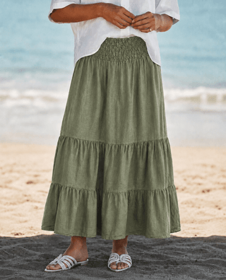 Smocked Waist Tiered Italian Linen Maxi Skirt- Olive