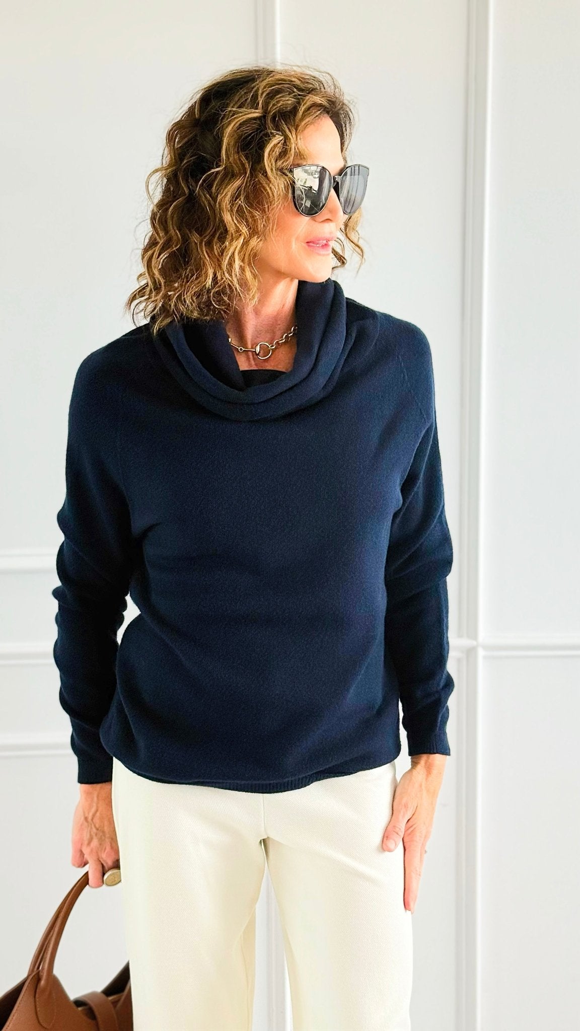 Soft Cowl Neck Italian Sweater- Navy-140 Sweaters-Aute-Coastal Bloom Boutique, find the trendiest versions of the popular styles and looks Located in Indialantic, FL