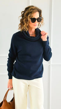 Soft Cowl Neck Italian Sweater- Navy-140 Sweaters-Aute-Coastal Bloom Boutique, find the trendiest versions of the popular styles and looks Located in Indialantic, FL