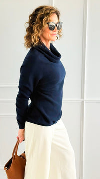 Soft Cowl Neck Italian Sweater- Navy-140 Sweaters-Aute-Coastal Bloom Boutique, find the trendiest versions of the popular styles and looks Located in Indialantic, FL