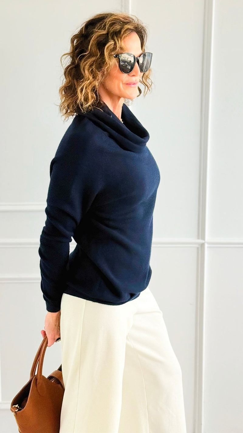 Soft Cowl Neck Italian Sweater- Navy-140 Sweaters-Aute-Coastal Bloom Boutique, find the trendiest versions of the popular styles and looks Located in Indialantic, FL