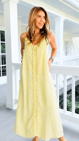 Soft Edge Fringe Italian Sleeveless Dress- Butter Yellow