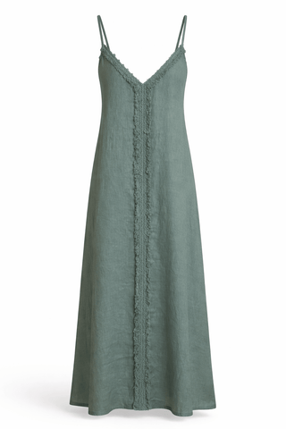 Soft Edge Fringe Italian Sleeveless Dress- Olive