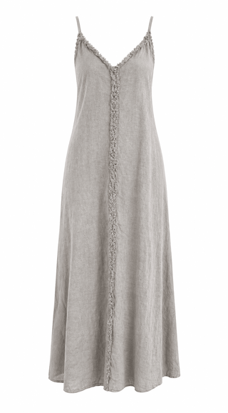 Soft Edge Fringe Italian Sleeveless Dress- Taupe