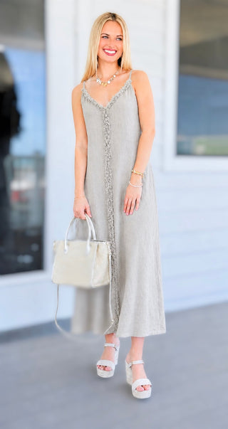 Soft Edge Fringe Italian Sleeveless Dress- Taupe