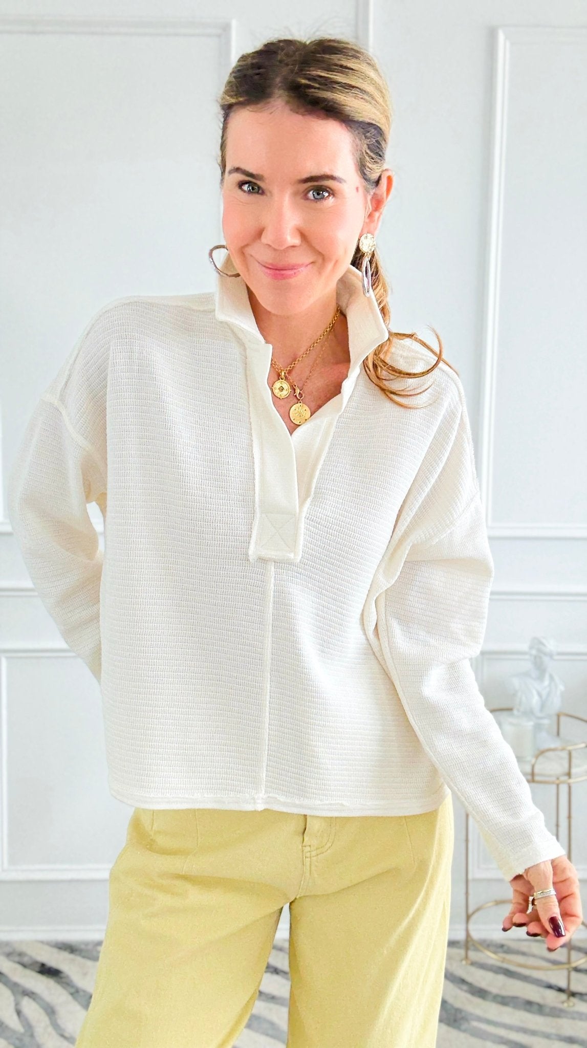 Soft Focus Half Button Knit Top - Cream