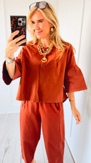 Soft Structure Button Front Italian Top- Rust