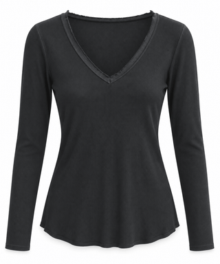 Soft Wash Ribbed Long Sleeve Italian Top- Black