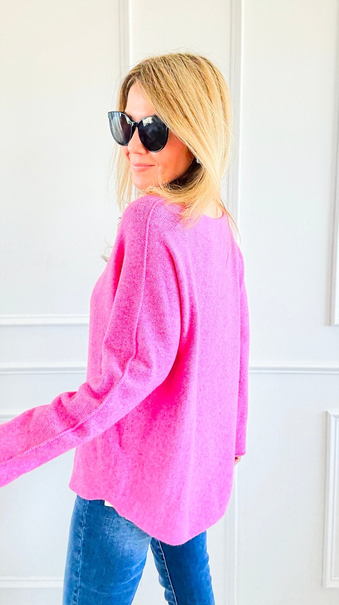 Soho Italian V-Neck Pullover - Fuchsia-140 Sweaters-Italianissimo/ Max & D/ AUTE-Coastal Bloom Boutique, find the trendiest versions of the popular styles and looks Located in Indialantic, FL