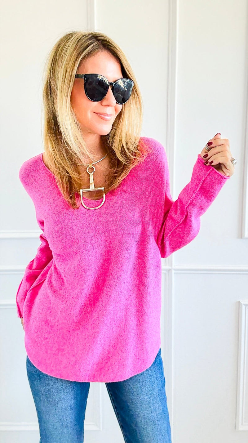 Soho Italian V-Neck Pullover - Fuchsia-140 Sweaters-Italianissimo/ Max & D/ AUTE-Coastal Bloom Boutique, find the trendiest versions of the popular styles and looks Located in Indialantic, FL