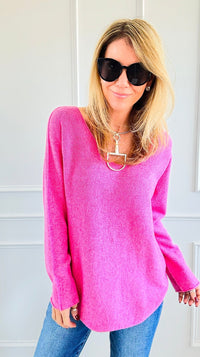 Soho Italian V-Neck Pullover - Fuchsia-140 Sweaters-Italianissimo/ Max & D/ AUTE-Coastal Bloom Boutique, find the trendiest versions of the popular styles and looks Located in Indialantic, FL