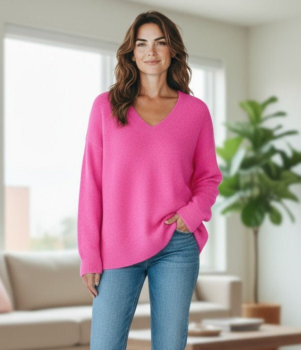 Soho Italian V-Neck Pullover - Pink-140 Sweaters-Italianissimo/ Max & D-Coastal Bloom Boutique, find the trendiest versions of the popular styles and looks Located in Indialantic, FL