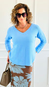 Soho Italian V-Neck Pullover - Sky Blue-140 Sweaters-Italianissimo/ Max & D-Coastal Bloom Boutique, find the trendiest versions of the popular styles and looks Located in Indialantic, FL