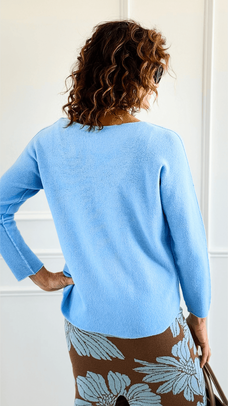 Soho Italian V-Neck Pullover - Sky Blue-140 Sweaters-Italianissimo/ Max & D-Coastal Bloom Boutique, find the trendiest versions of the popular styles and looks Located in Indialantic, FL