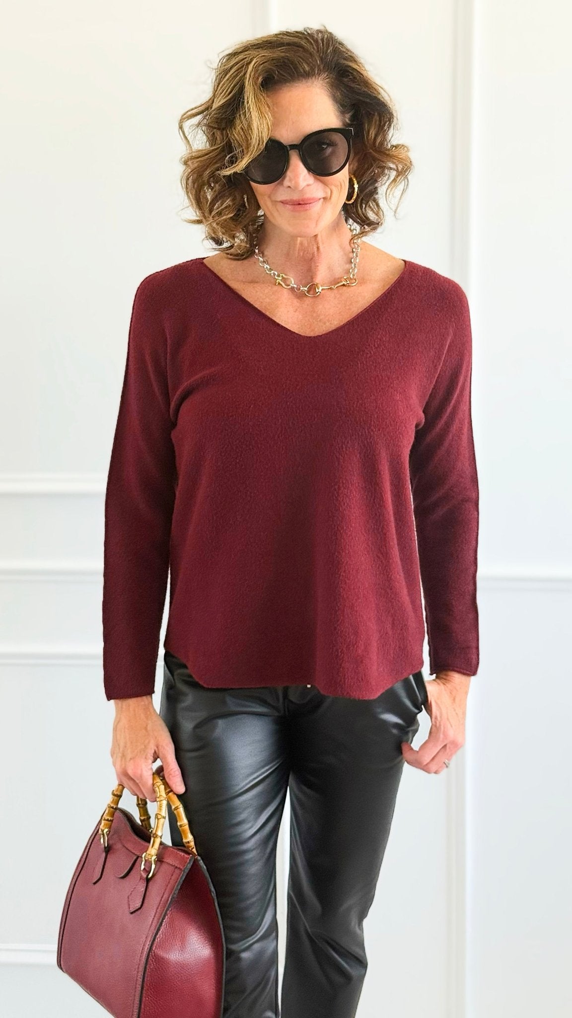 Soho Italian V-Neck Pullover - Wine-140 Sweaters-Italianissimo/ Max & D-Coastal Bloom Boutique, find the trendiest versions of the popular styles and looks Located in Indialantic, FL