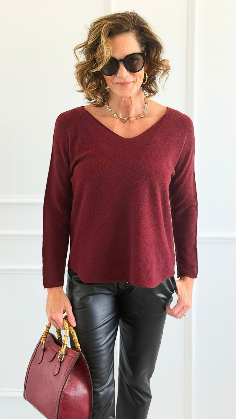 Soho Italian V-Neck Pullover - Wine-140 Sweaters-Italianissimo/ Max & D-Coastal Bloom Boutique, find the trendiest versions of the popular styles and looks Located in Indialantic, FL