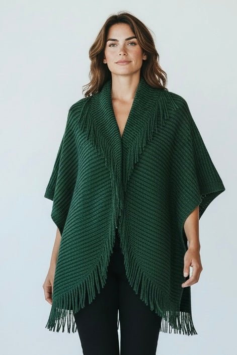 Solid Knit Fringe Trim Cocoon Shawl - Green-150 Cardigans/Layers-NYW-Coastal Bloom Boutique, find the trendiest versions of the popular styles and looks Located in Indialantic, FL
