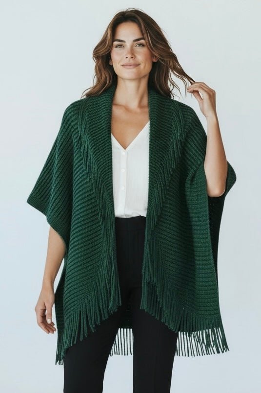 Solid Knit Fringe Trim Cocoon Shawl - Green-150 Cardigans/Layers-NYW-Coastal Bloom Boutique, find the trendiest versions of the popular styles and looks Located in Indialantic, FL
