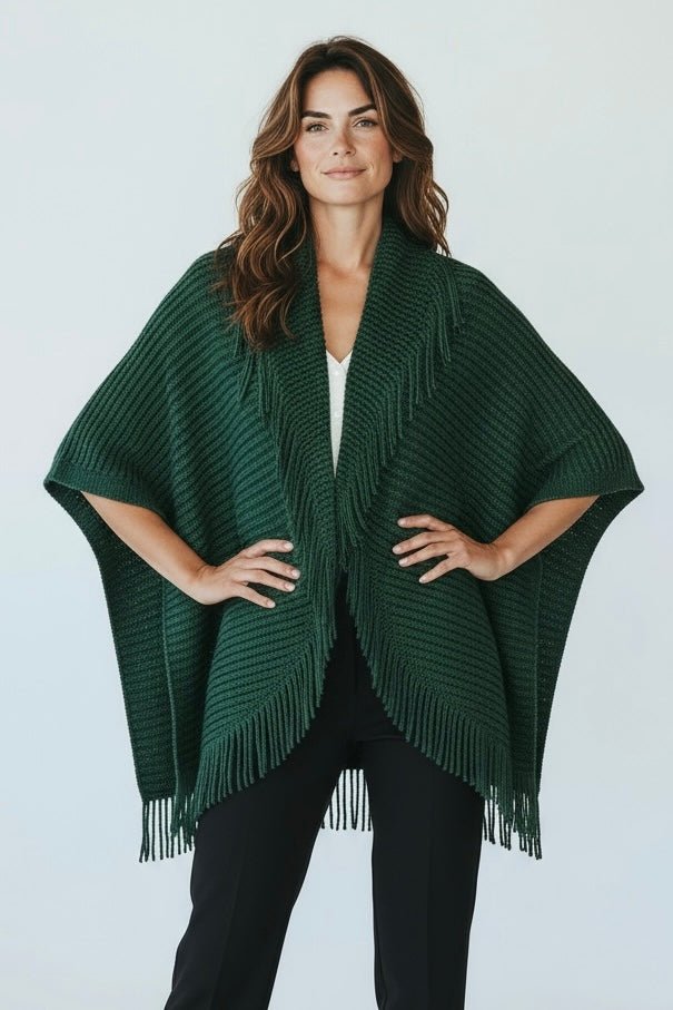 Solid Knit Fringe Trim Cocoon Shawl - Green-150 Cardigans/Layers-NYW-Coastal Bloom Boutique, find the trendiest versions of the popular styles and looks Located in Indialantic, FL