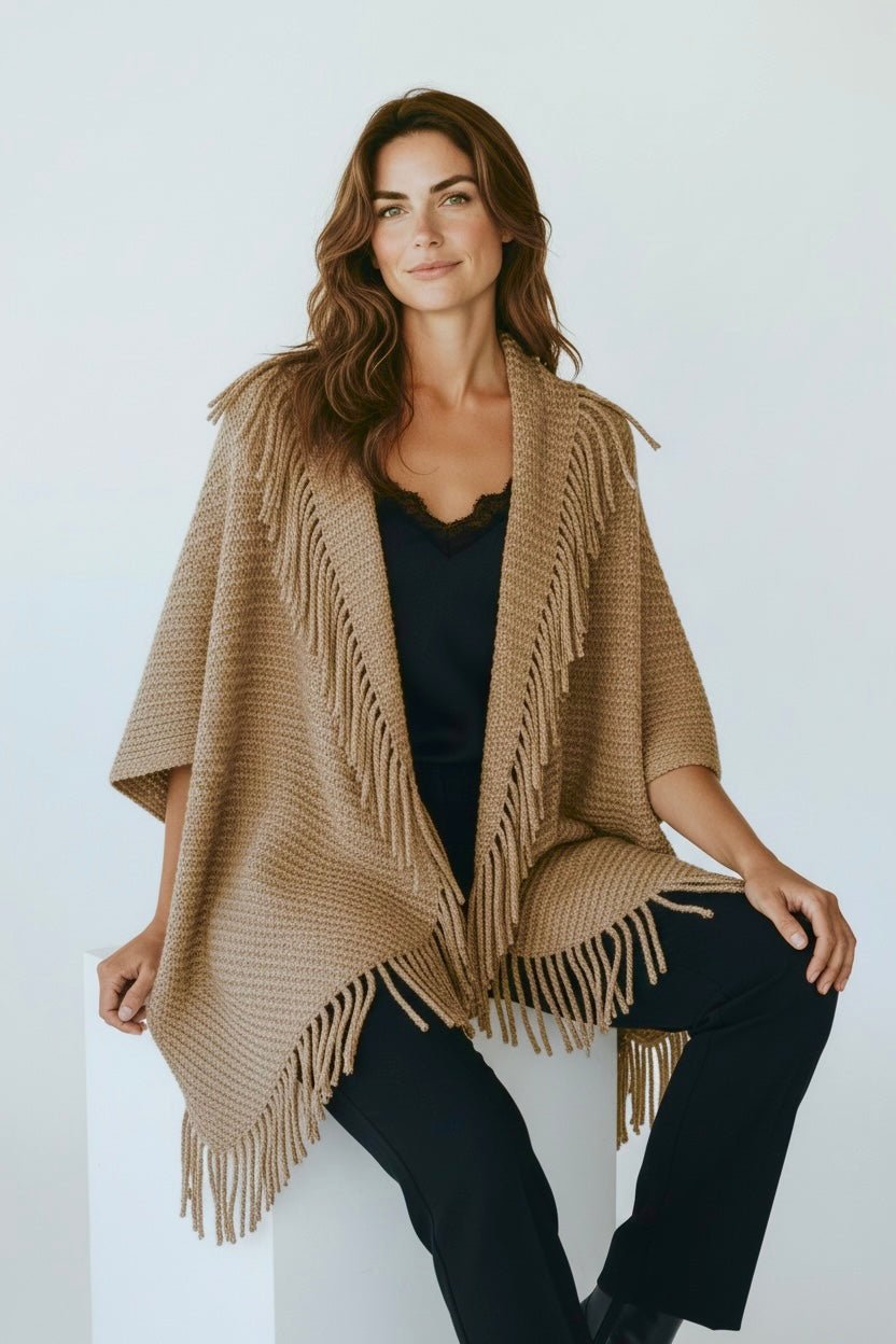 Solid Knit Fringe Trim Cocoon Shawl - Taupe-150 Cardigans/Layers-NYW-Coastal Bloom Boutique, find the trendiest versions of the popular styles and looks Located in Indialantic, FL