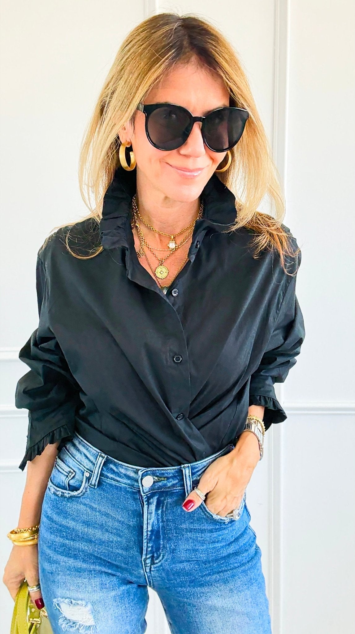 Sophia Ruffled Italian Shirt- Black-110 Long Sleeve Tops-TATTOO Z-Coastal Bloom Boutique, find the trendiest versions of the popular styles and looks Located in Indialantic, FL