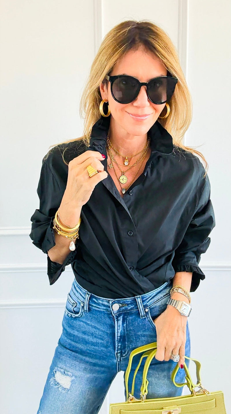 Sophia Ruffled Italian Shirt- Black-110 Long Sleeve Tops-TATTOO Z-Coastal Bloom Boutique, find the trendiest versions of the popular styles and looks Located in Indialantic, FL