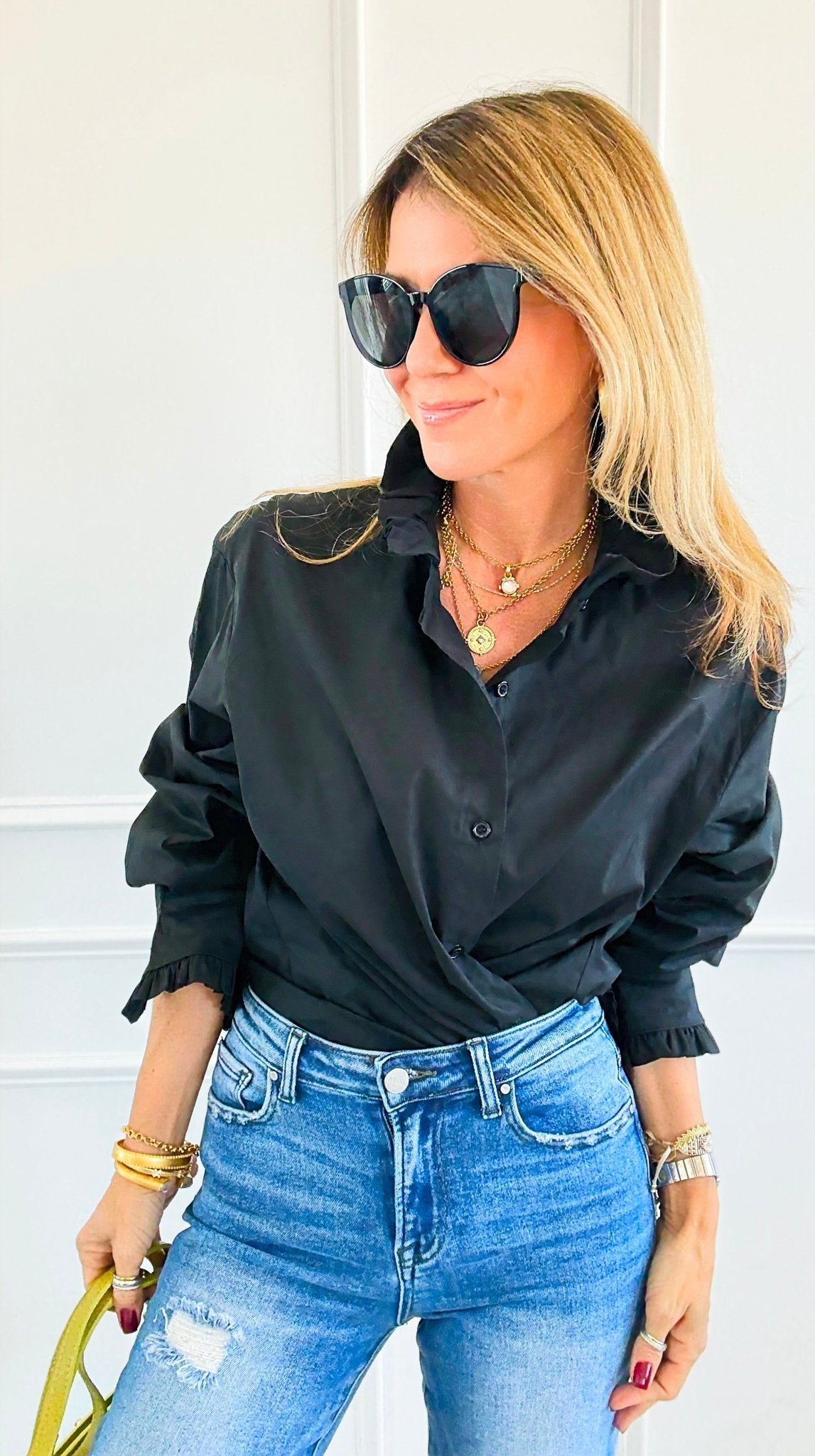 Sophia Ruffled Italian Shirt- Black-110 Long Sleeve Tops-TATTOO Z-Coastal Bloom Boutique, find the trendiest versions of the popular styles and looks Located in Indialantic, FL