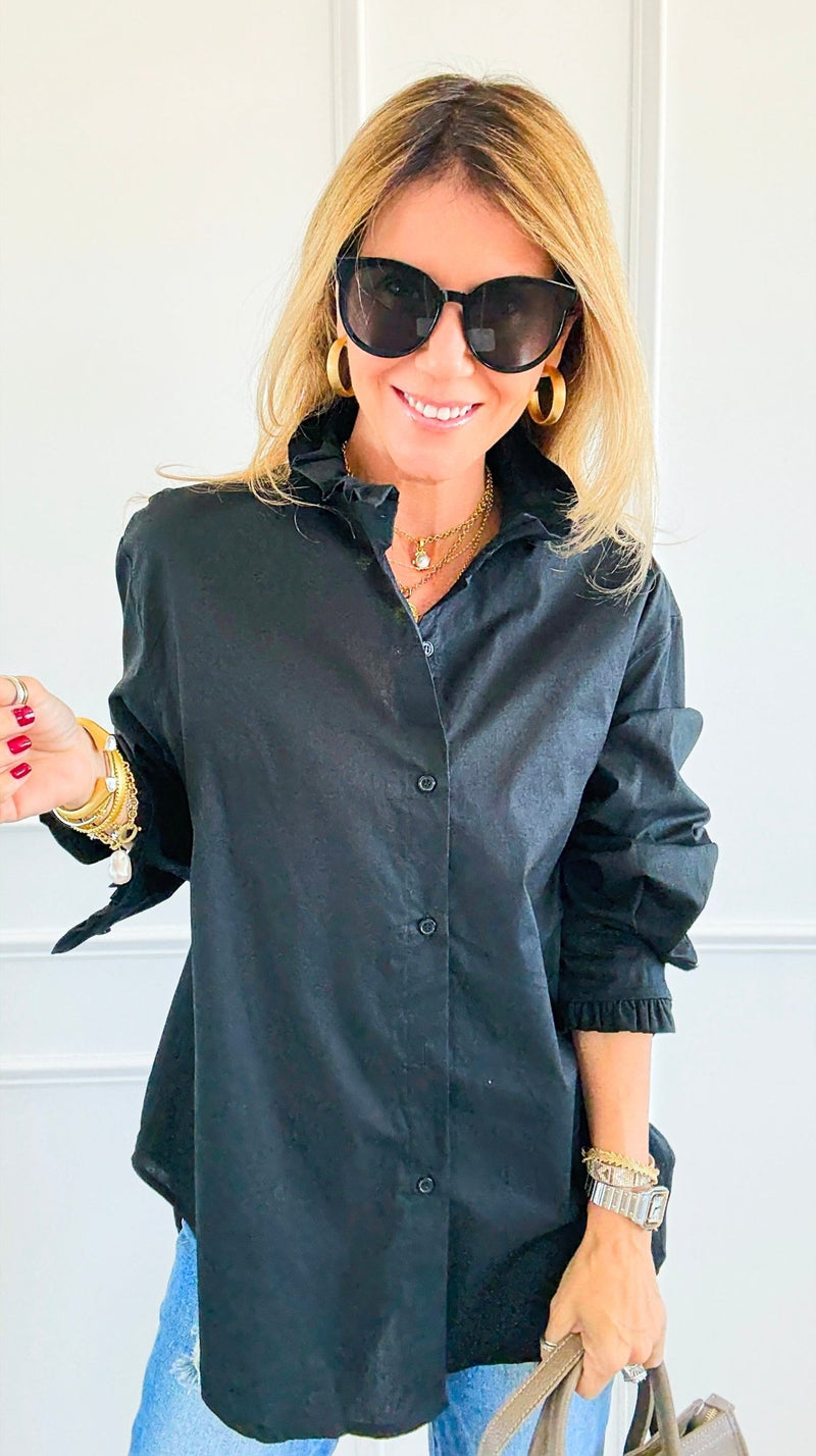 Sophia Ruffled Italian Shirt- Black-110 Long Sleeve Tops-TATTOO Z-Coastal Bloom Boutique, find the trendiest versions of the popular styles and looks Located in Indialantic, FL