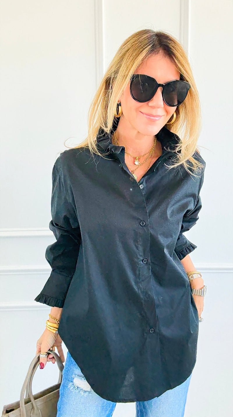 Sophia Ruffled Italian Shirt- Black-110 Long Sleeve Tops-TATTOO Z-Coastal Bloom Boutique, find the trendiest versions of the popular styles and looks Located in Indialantic, FL