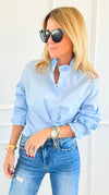 Sophia Ruffled Italian Shirt- Sky Blue-110 Long Sleeve Tops-TATTOO Z-Coastal Bloom Boutique, find the trendiest versions of the popular styles and looks Located in Indialantic, FL