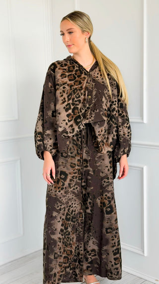 Spiced Leopard Wide Leg Italian Pant- Brown