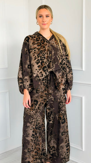 Spiced Leopard Wide Leg Italian Pant- Brown