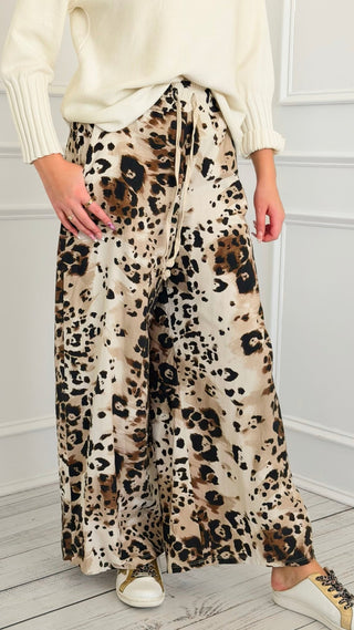 Spiced Leopard Wide Leg Italian Pant- Ecru