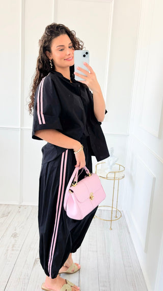 Sporty Chic Side Stripe Italian Jogger- Black