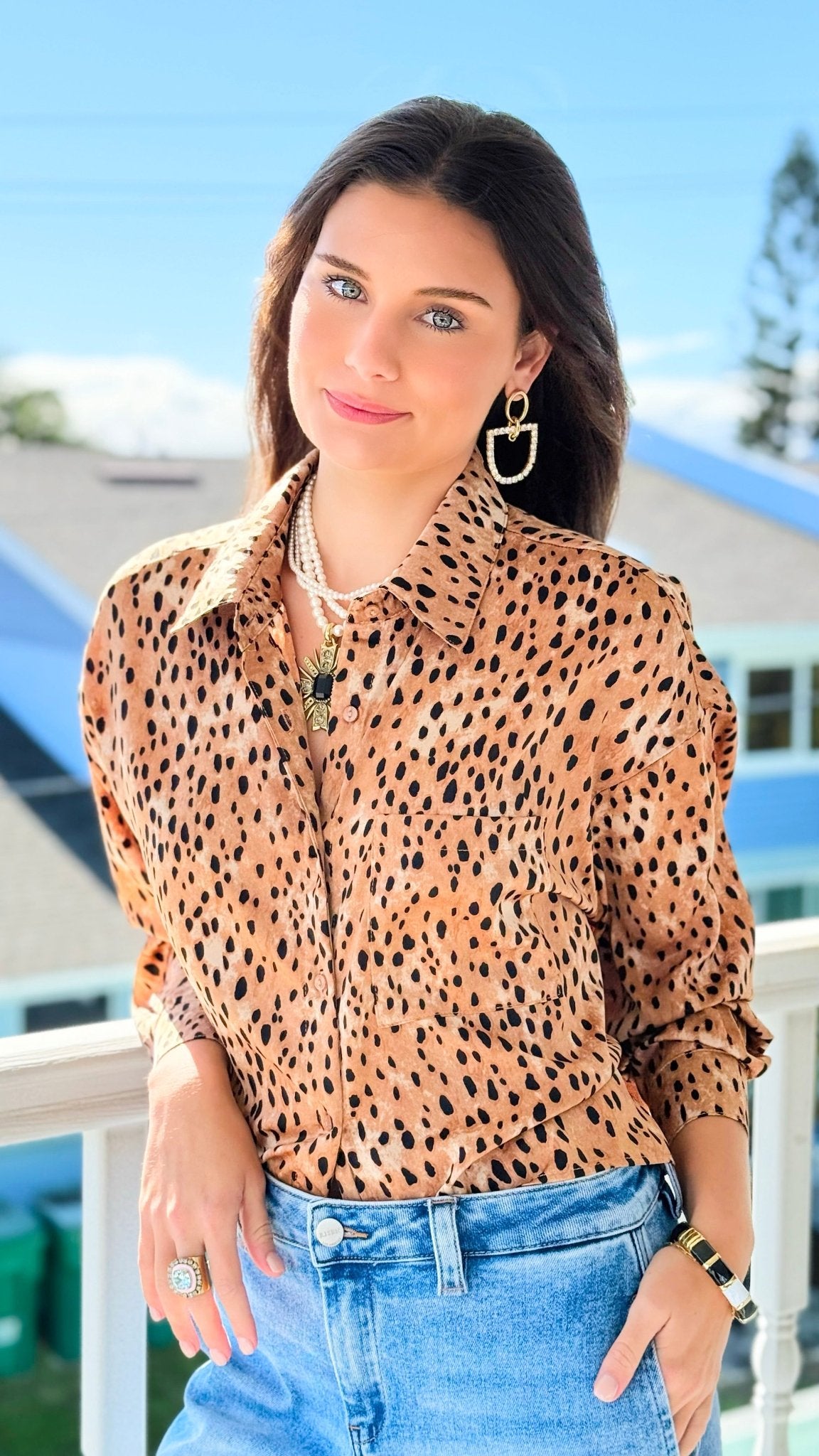 Spotted Luxe Button Down Top-130 Long Sleeve Tops-Umgee-Coastal Bloom Boutique, find the trendiest versions of the popular styles and looks Located in Indialantic, FL