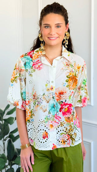 Spring Blossom Puff Sleeve Italian Eyelet Top