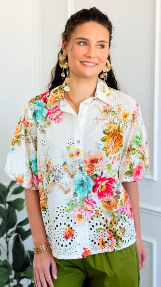 Spring Blossom Puff Sleeve Italian Eyelet Top